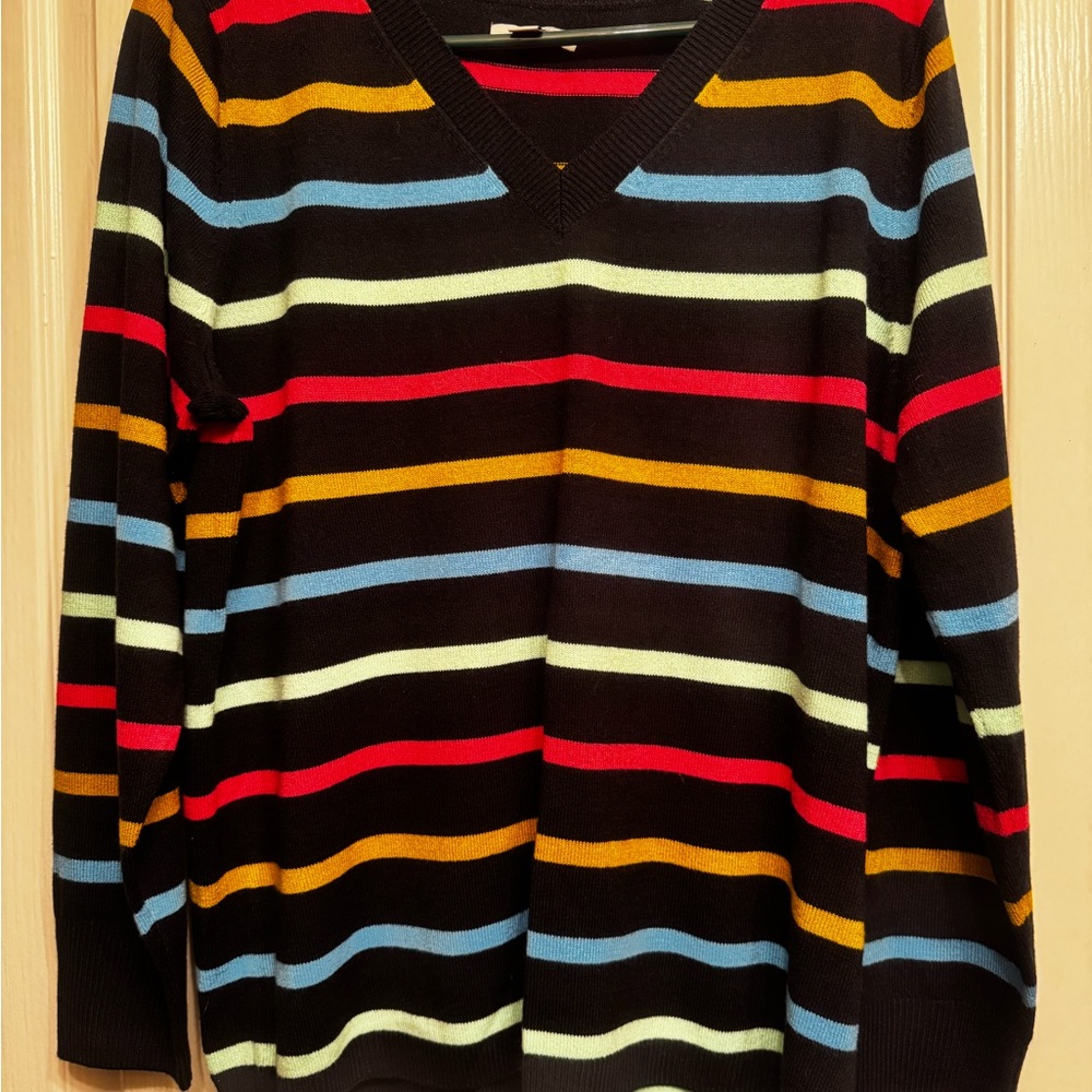 Pair of sweaters: V-Neck black and pastels & Royal blue mock turtleneck